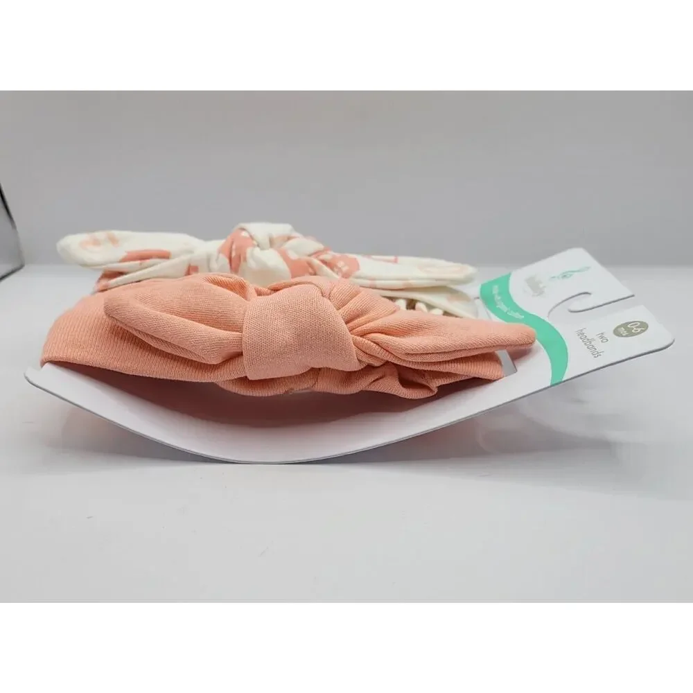 Lullaby Lane Set Of 2 Coral White Heart House Organic Cotton Baby Headbands New